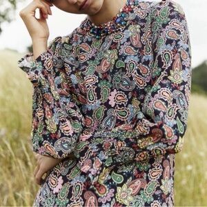 Boden Midi Dress Size 12 Bohemian Peasant Colorful Paisley Hippie Folk Modest